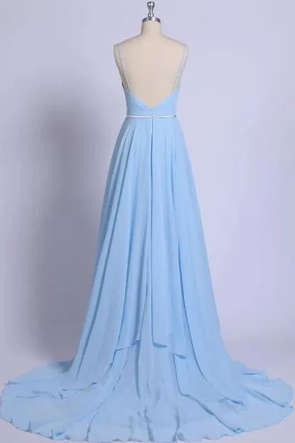 Sky Blue V Neck Prom Dresses, Backless Spaghetti Straps Pleated Long Formal Dress UQ2005