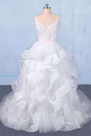 Spaghetti Straps Floor Length Tulle Wedding Dress with Ruffles, Long Bridal Dress UQ2347