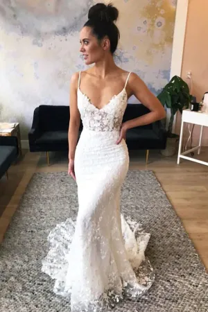 Spaghetti Straps Lace Wedding Dress, Mermaid Long Bridal Gown UQW0126