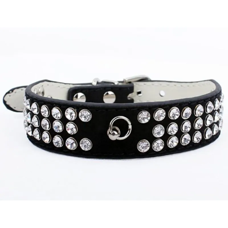 Suede Leather 3 Rows Rhinestone Studded Ring Decorative Dog Collars Chain for Pet Dogs Chihuahua