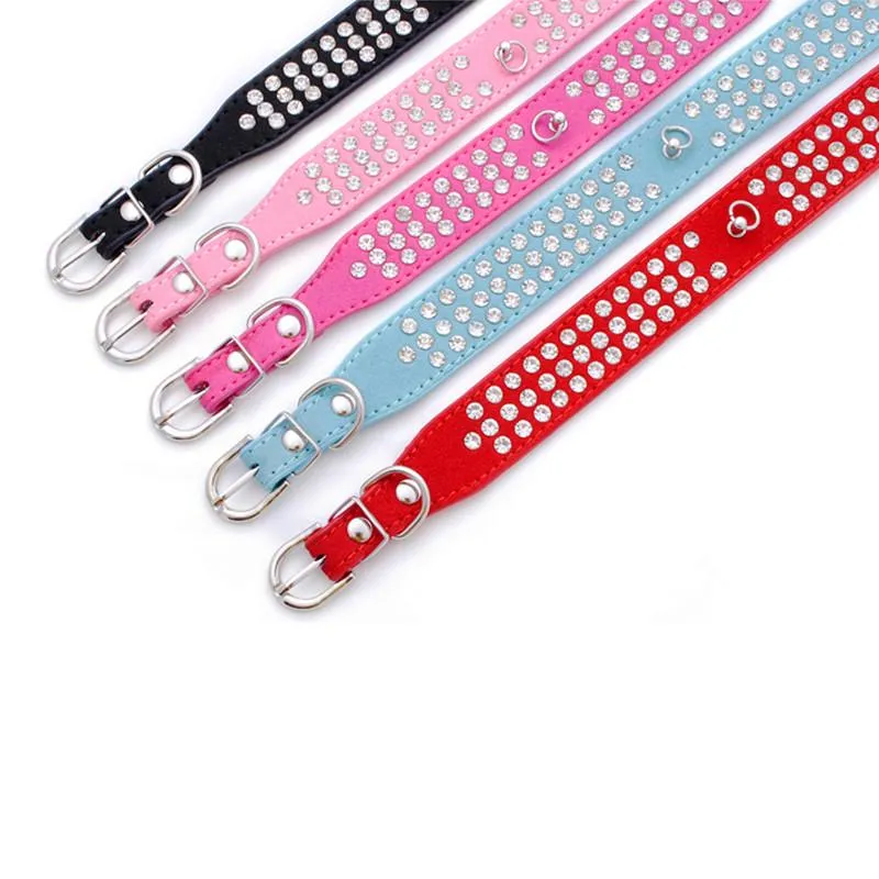 Suede Leather 3 Rows Rhinestone Studded Ring Decorative Dog Collars Chain for Pet Dogs Chihuahua