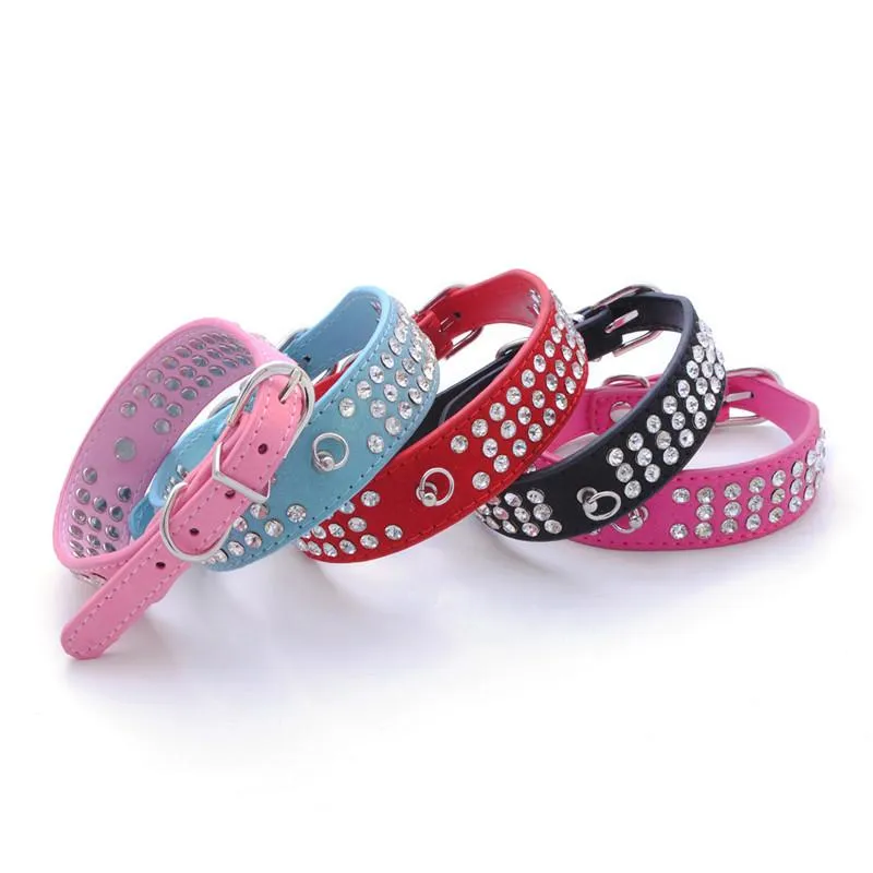 Suede Leather 3 Rows Rhinestone Studded Ring Decorative Dog Collars Chain for Pet Dogs Chihuahua