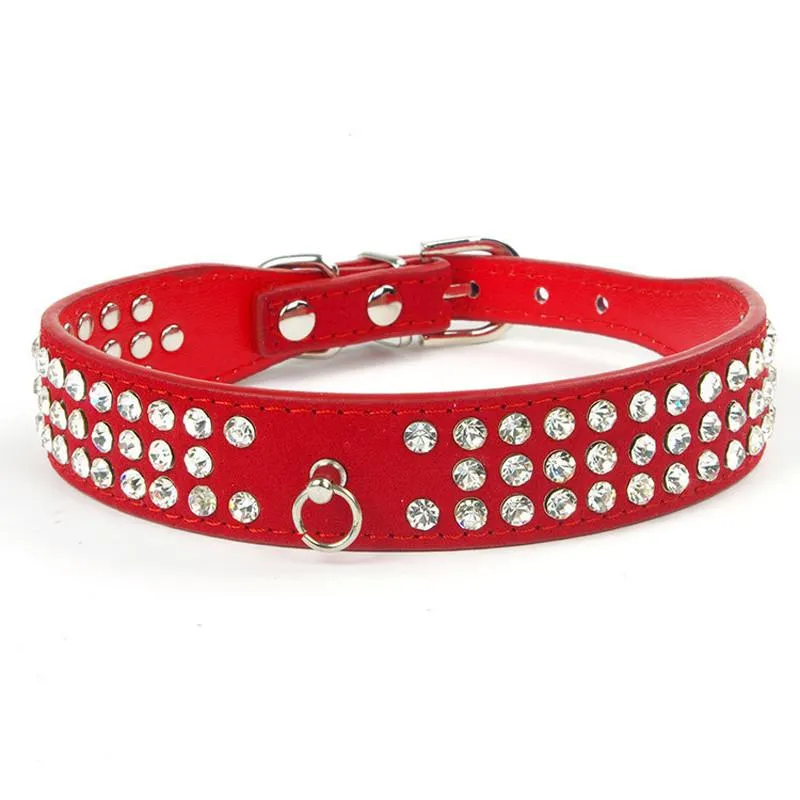 Suede Leather 3 Rows Rhinestone Studded Ring Decorative Dog Collars Chain for Pet Dogs Chihuahua