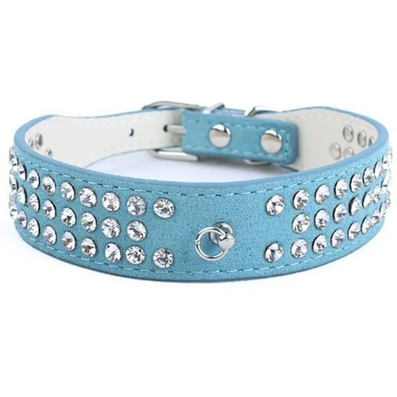 Suede Leather 3 Rows Rhinestone Studded Ring Decorative Dog Collars Chain for Pet Dogs Chihuahua