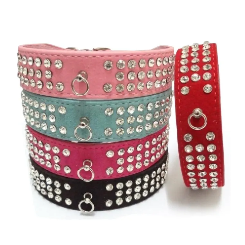 Suede Leather 3 Rows Rhinestone Studded Ring Decorative Dog Collars Chain for Pet Dogs Chihuahua