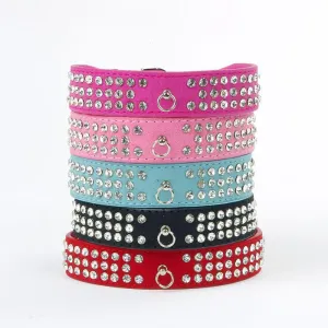 Suede Leather 3 Rows Rhinestone Studded Ring Decorative Dog Collars Chain for Pet Dogs Chihuahua