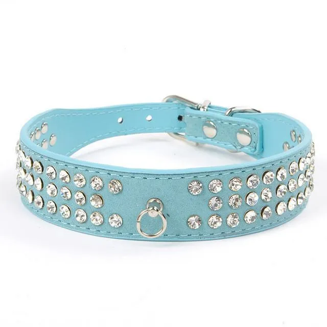 Suede Leather 3 Rows Rhinestone Studded Ring Decorative Dog Collars Chain for Pet Dogs Chihuahua