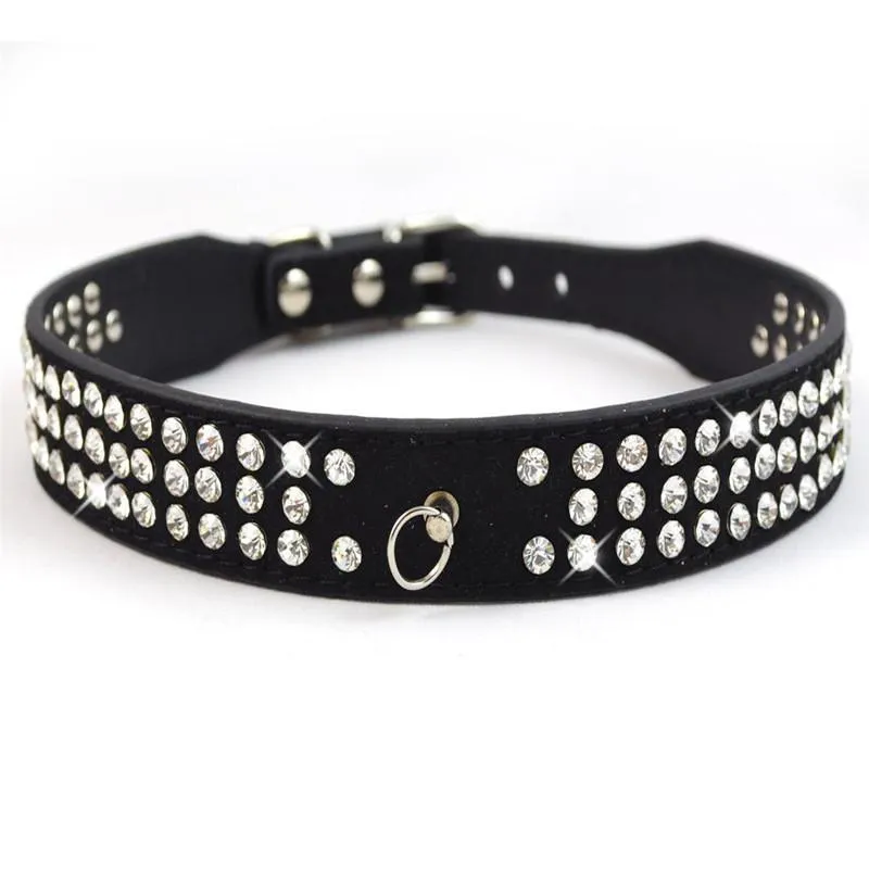 Suede Leather 3 Rows Rhinestone Studded Ring Decorative Dog Collars Chain for Pet Dogs Chihuahua