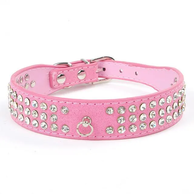 Suede Leather 3 Rows Rhinestone Studded Ring Decorative Dog Collars Chain for Pet Dogs Chihuahua