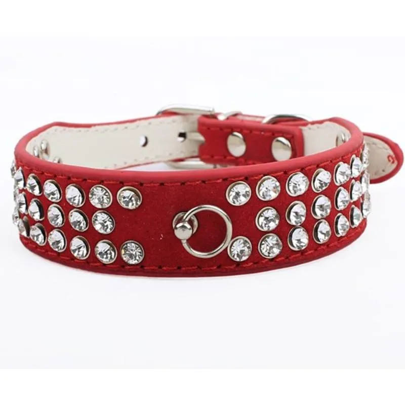 Suede Leather 3 Rows Rhinestone Studded Ring Decorative Dog Collars Chain for Pet Dogs Chihuahua