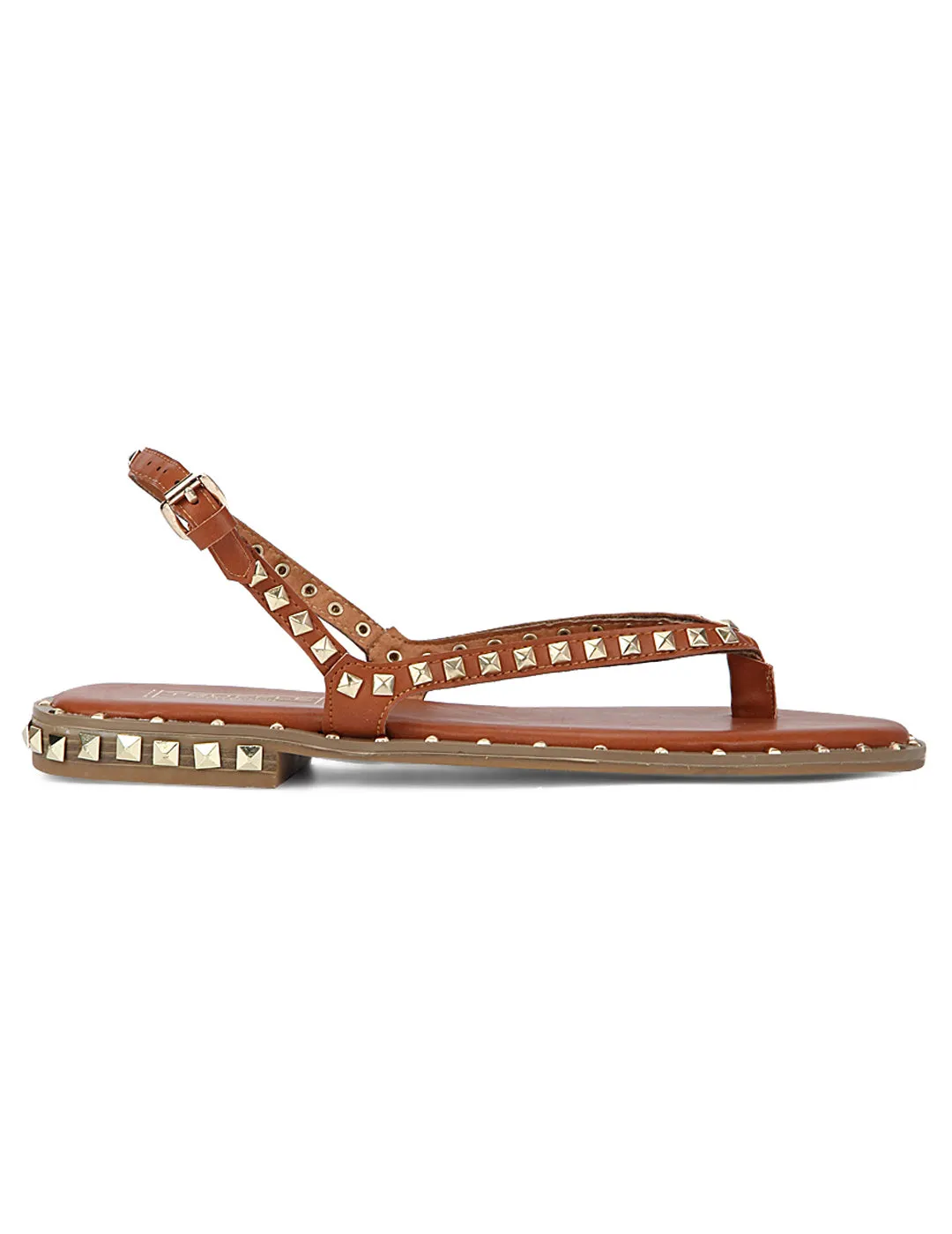 Tan PU Studded Strap Slip-On Flats