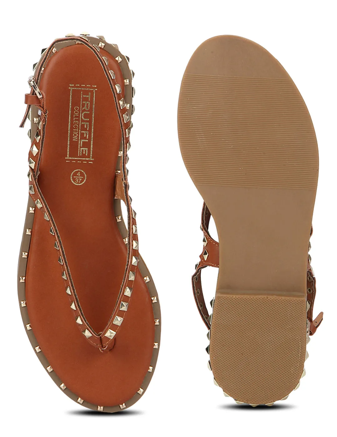 Tan PU Studded Strap Slip-On Flats