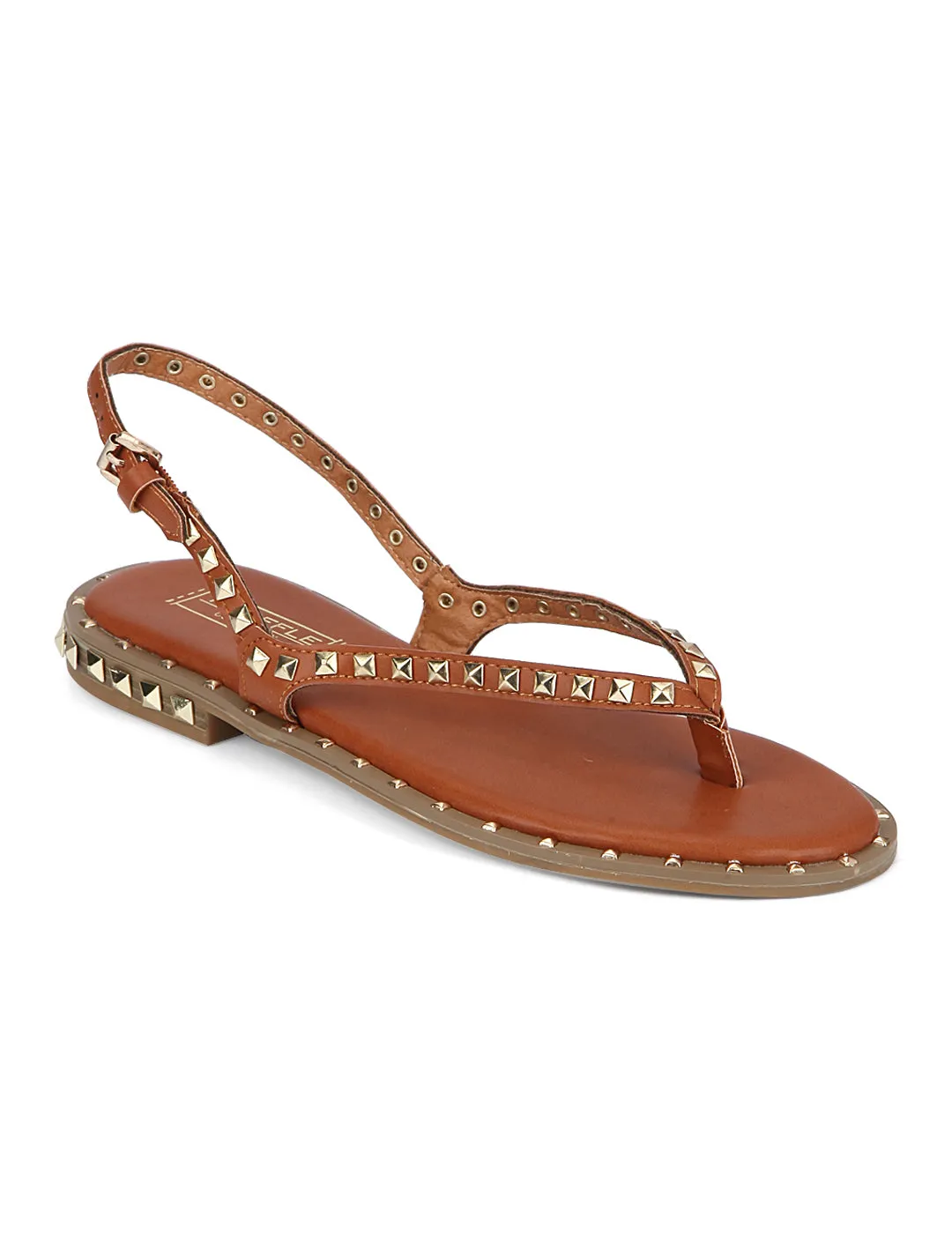 Tan PU Studded Strap Slip-On Flats