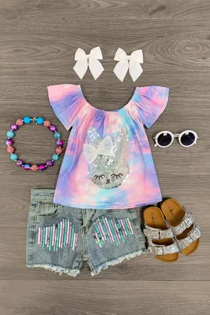 Tie Dye & Silver Sequin Bunny Denim Short Set