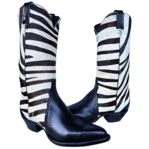 TONY LAMA Vintage Hair On Zebra Black Cowboy Boots