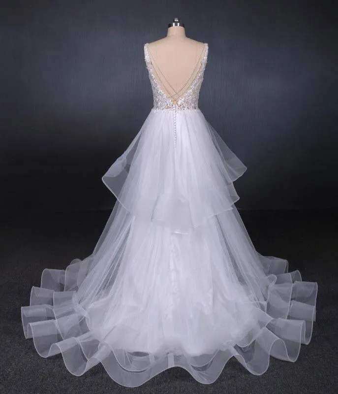 Unique V Neck Sleeveless Tulle Wedding Dresses, Asymmetrical Long Bridal Dresses UQ2290