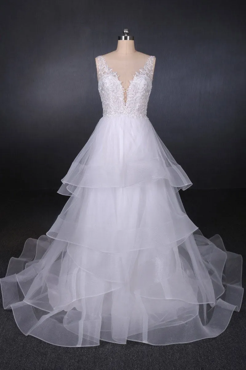 Unique V Neck Sleeveless Tulle Wedding Dresses, Asymmetrical Long Bridal Dresses UQ2290