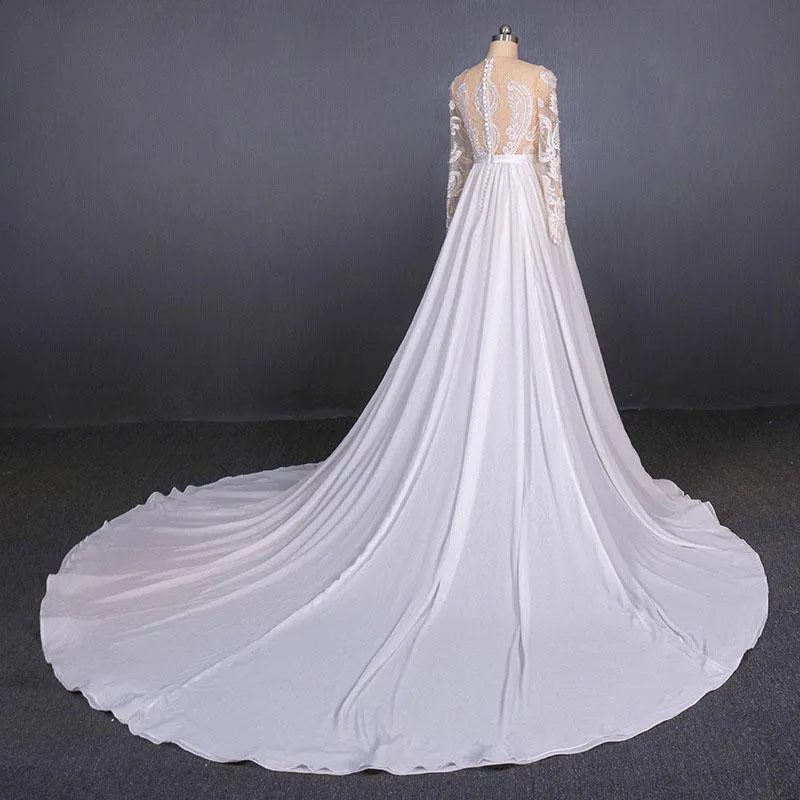 White Long Sleeves Chiffon Wedding Dress with Appliques, Gorgeous Long Bridal Dress UQ2354