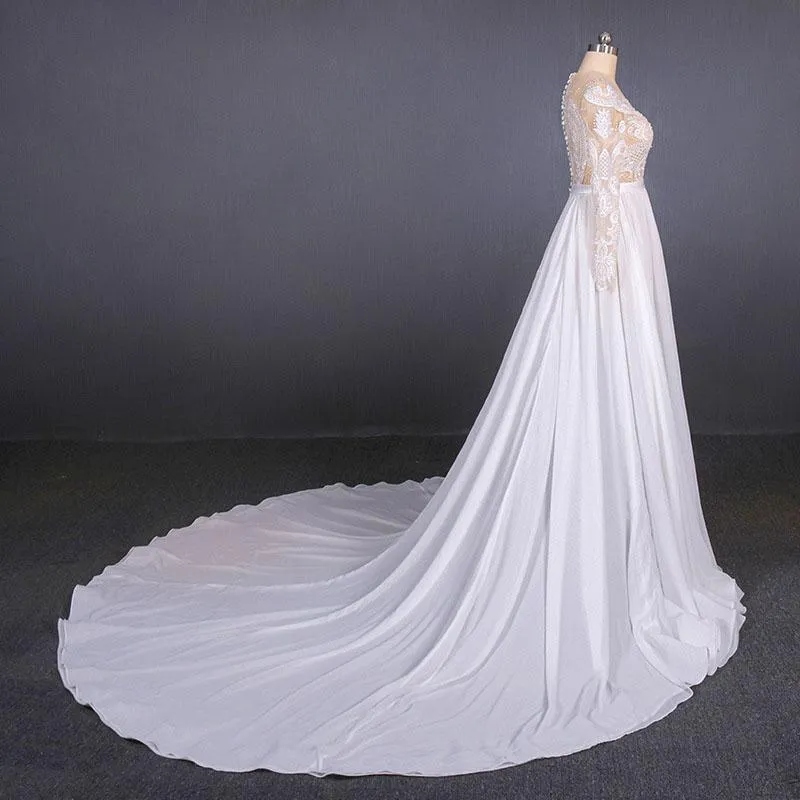 White Long Sleeves Chiffon Wedding Dress with Appliques, Gorgeous Long Bridal Dress UQ2354