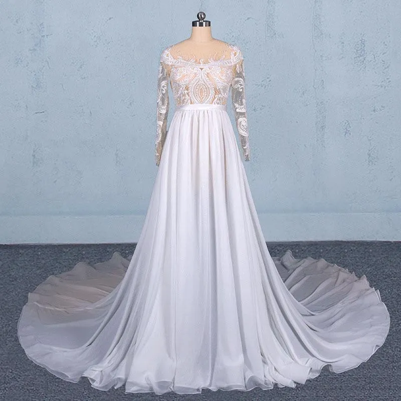 White Long Sleeves Chiffon Wedding Dress with Appliques, Gorgeous Long Bridal Dress UQ2354