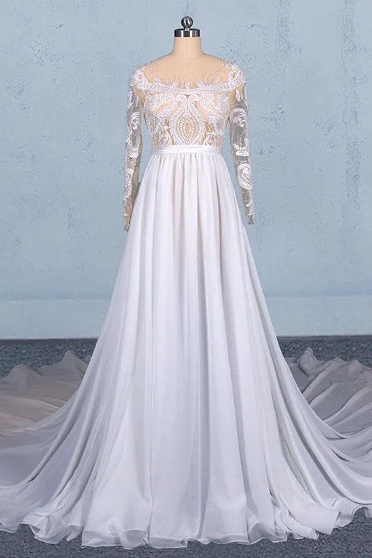 White Long Sleeves Chiffon Wedding Dress with Appliques, Gorgeous Long Bridal Dress UQ2354