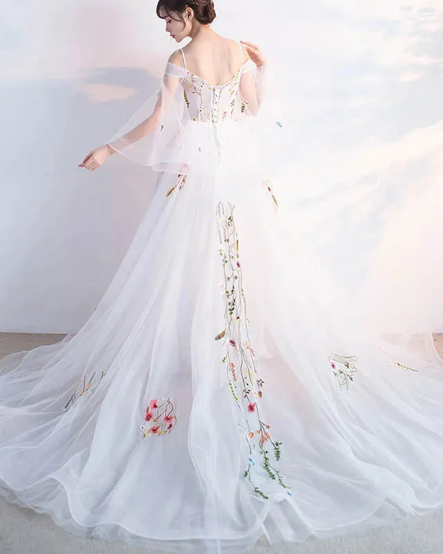 White Long Sleeves V Neck Tulle Prom Dress with Flowers, Wedding Gown UQP0084