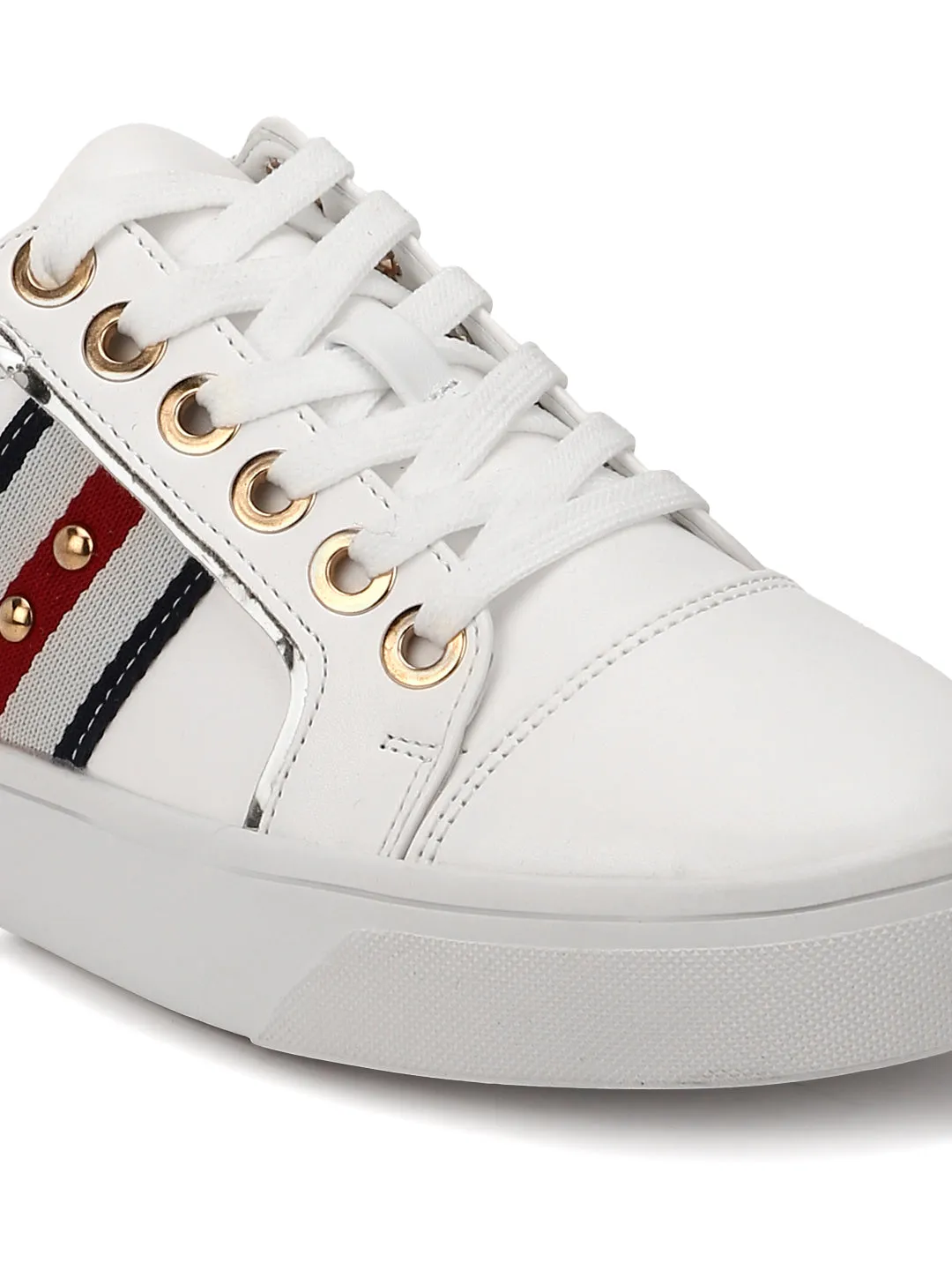 White PU Pearl Detailing Lace-Up Sneakers