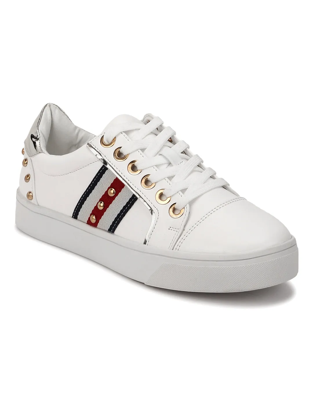 White PU Pearl Detailing Lace-Up Sneakers