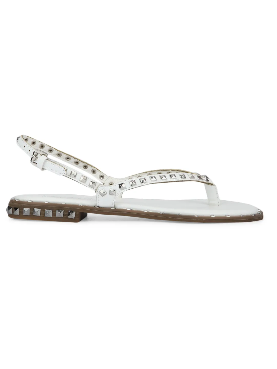 White PU Studded Strap Slip-On Flats