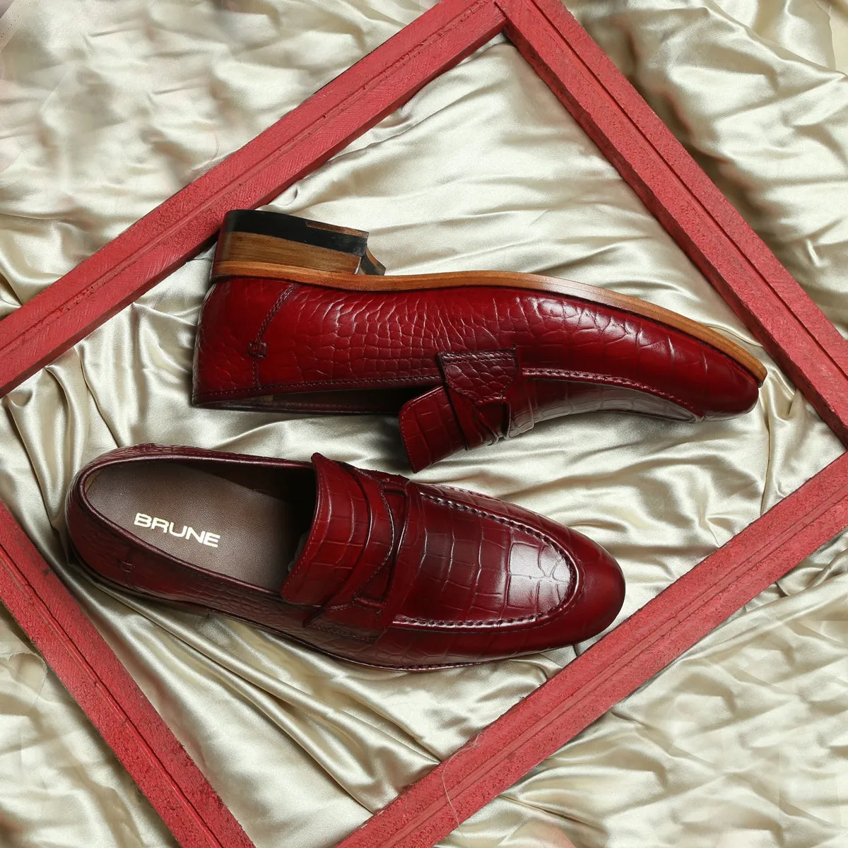 Wine Croco Print Leather Mod Look Loafers by Brune & Bareskin