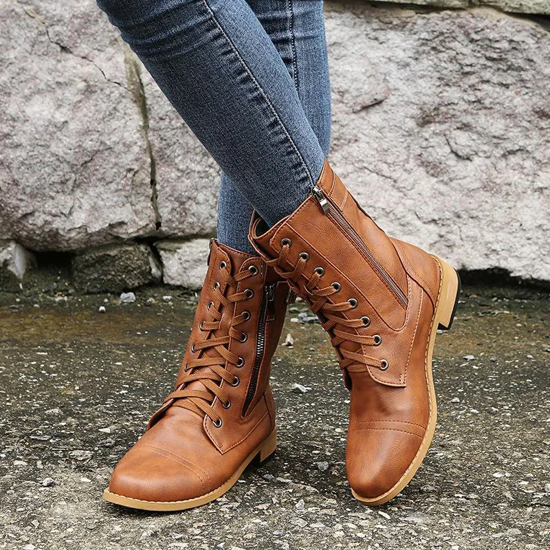 Women flat heel criss cross lace up fashion mid calf boots