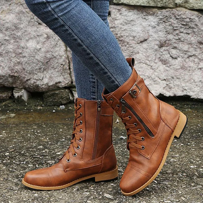 Women flat heel criss cross lace up fashion mid calf boots