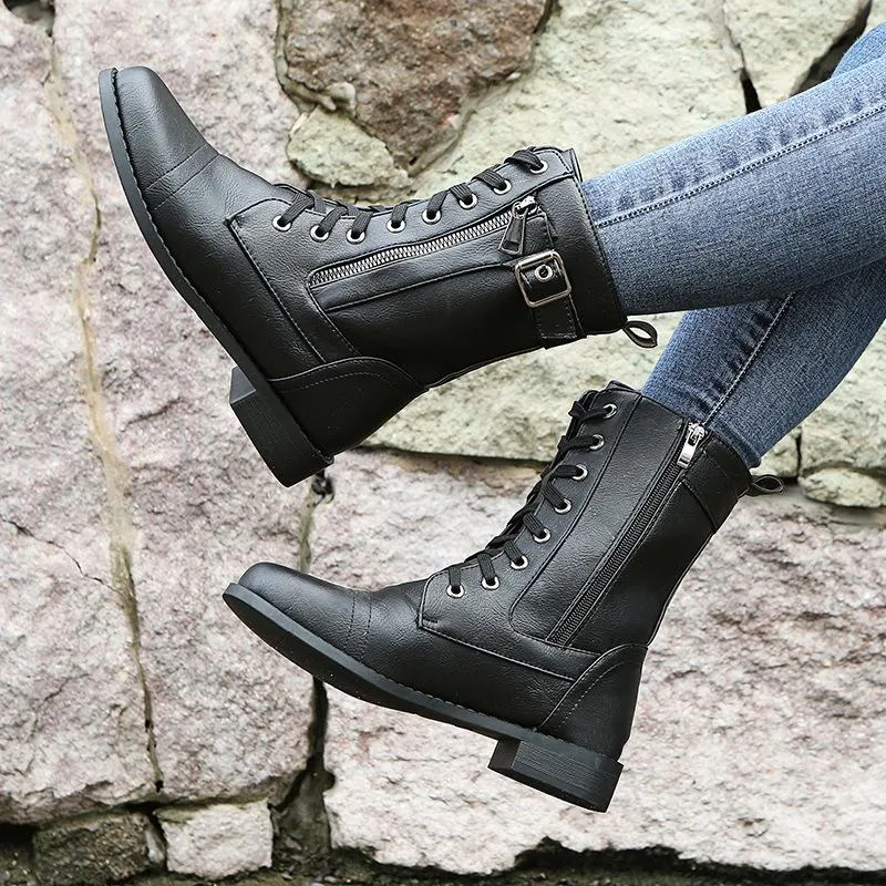 Women flat heel criss cross lace up fashion mid calf boots