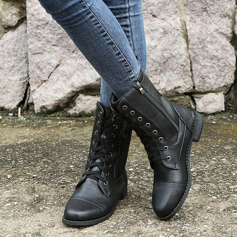 Women flat heel criss cross lace up fashion mid calf boots