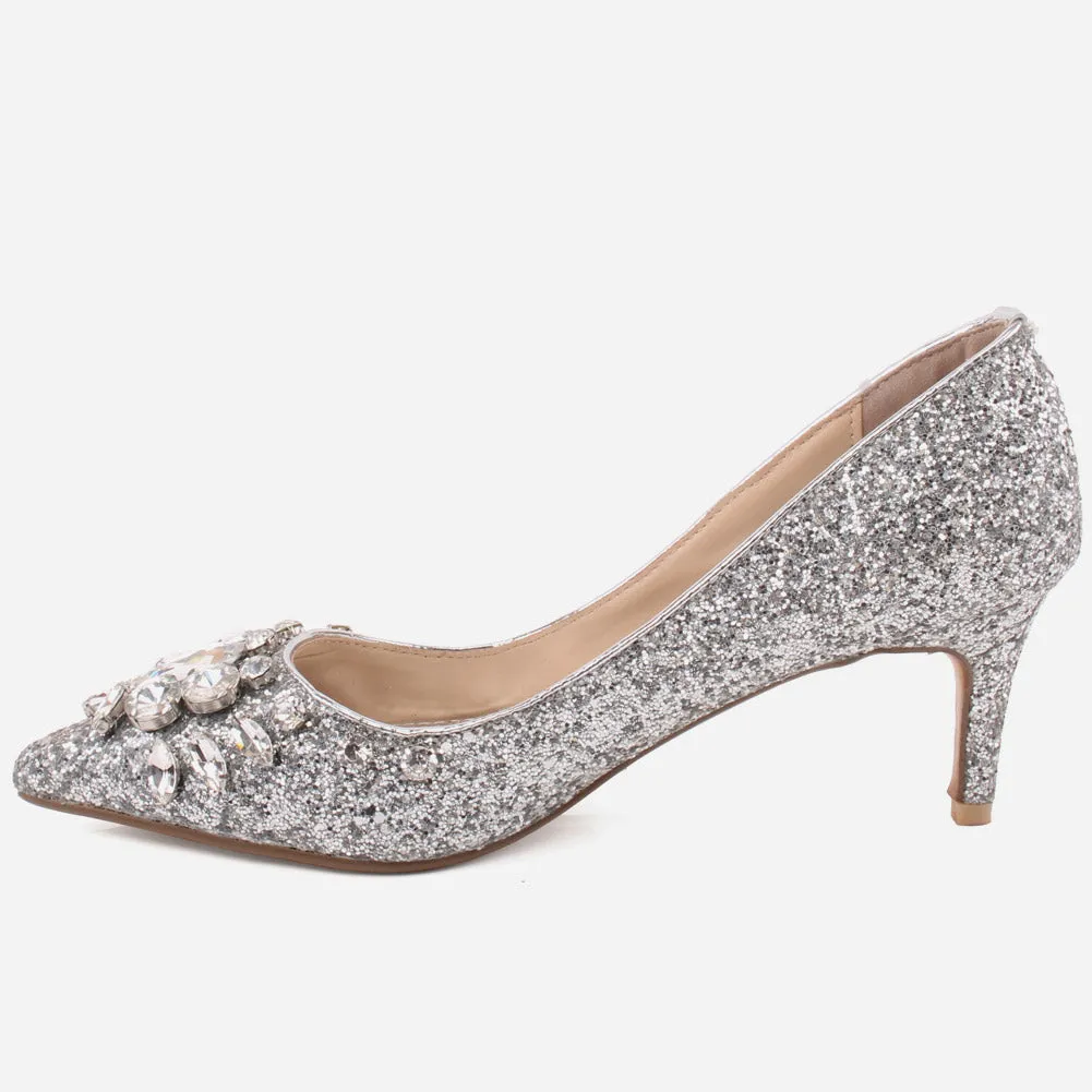 Women “VALO”Diamante Embellished Pointy Toe Kitten Heel Court Shoes