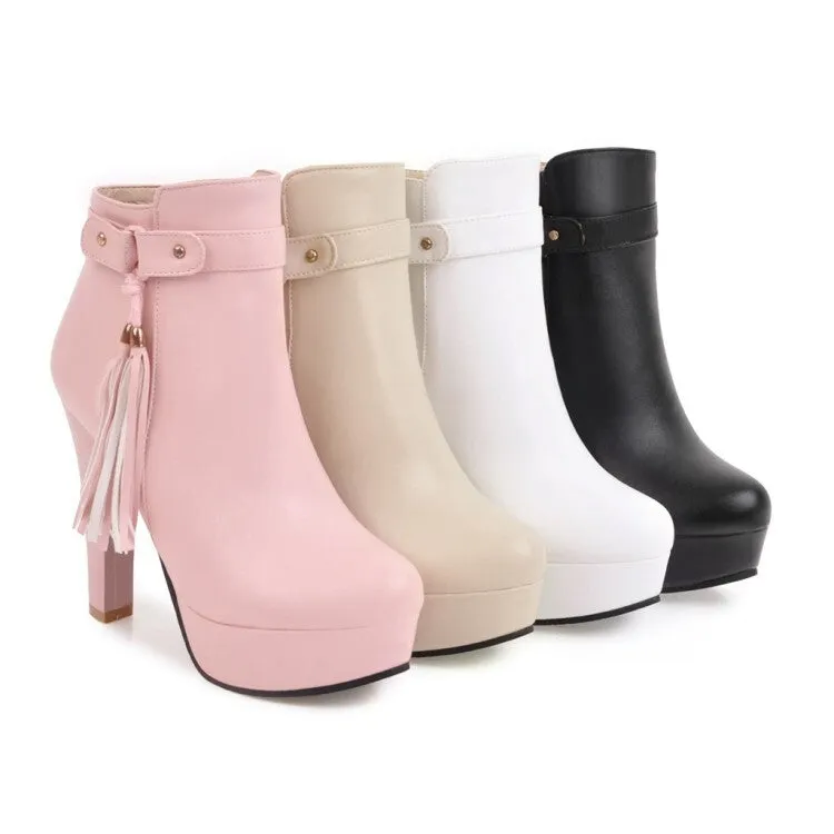 Women's Booties Tassel Side Zippers Block Chunky Heel Platform Short Boots