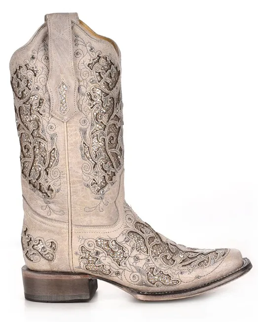 Women's Corral A3397 12" White Glitter Inlay & Crystals Square Toe (SHOP IN-STORE TOO)