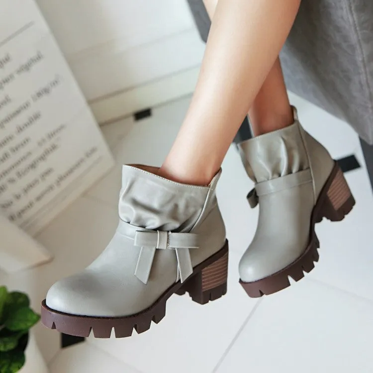 Women's Pu Leather Round Toe Bow Tie Block Chunky Heel Platform Short Boots