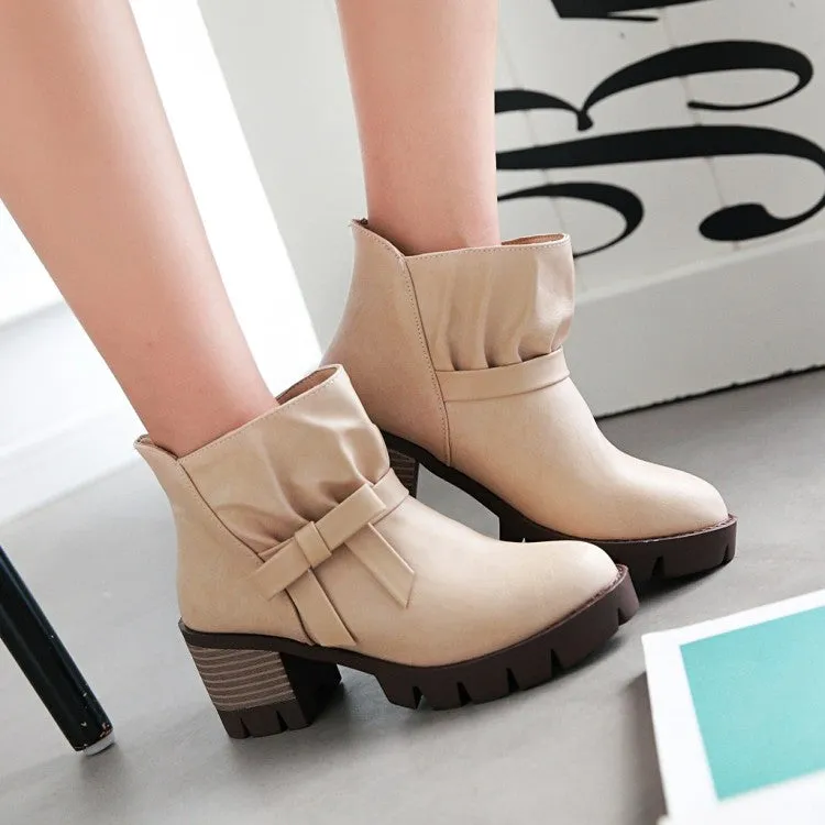 Women's Pu Leather Round Toe Bow Tie Block Chunky Heel Platform Short Boots